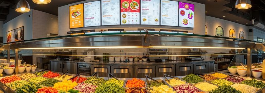 Fast casual restaurant interior showing counter service area and fresh food displays