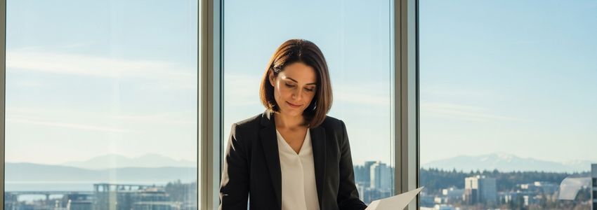 Small business owner reviewing loan documents in a modern Bellevue Washington office