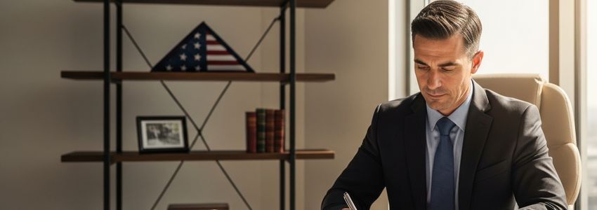 Disabled veteran business owner reviewing loan documents at professional office desk with American flag in background