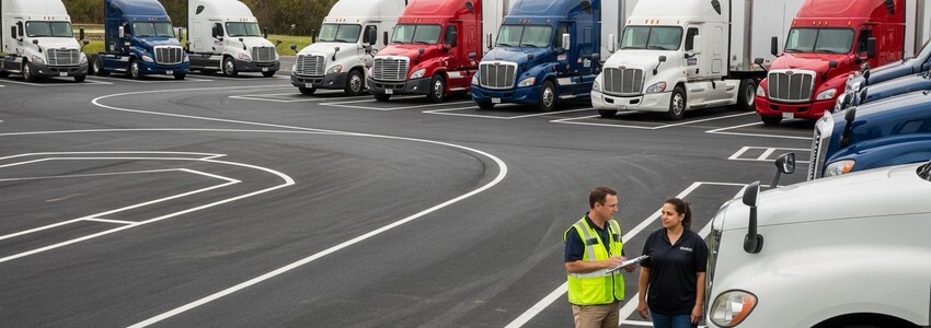 CDL truck driving school instructor teaching student near commercial trucks