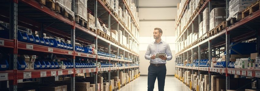 Business owner reviewing inventory turnover data in a warehouse