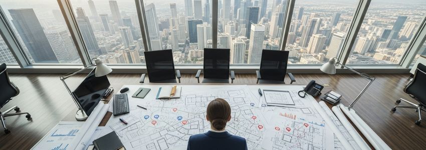 Business owner reviewing multi-location expansion plans with city map and floor plans on desk
