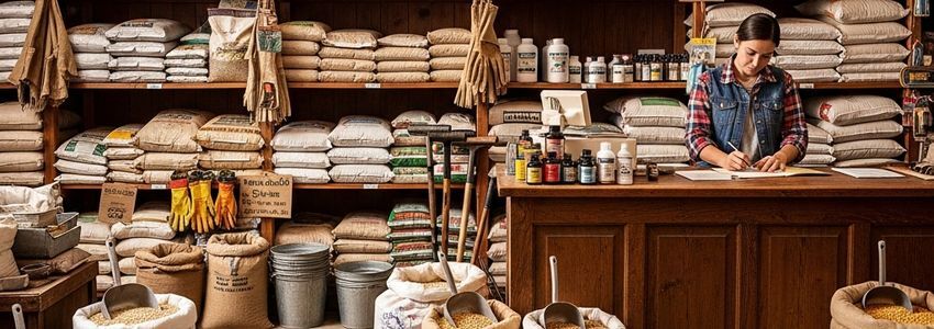 Feed store owner reviewing financing options for agricultural supply business