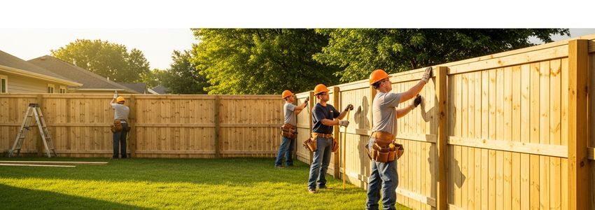 Fencing contractor crew installing wooden privacy fence at a residential property