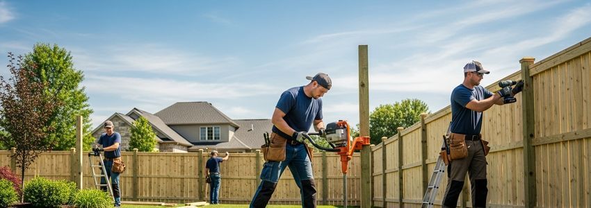 Fence contractors installing a wood privacy fence at a residential property