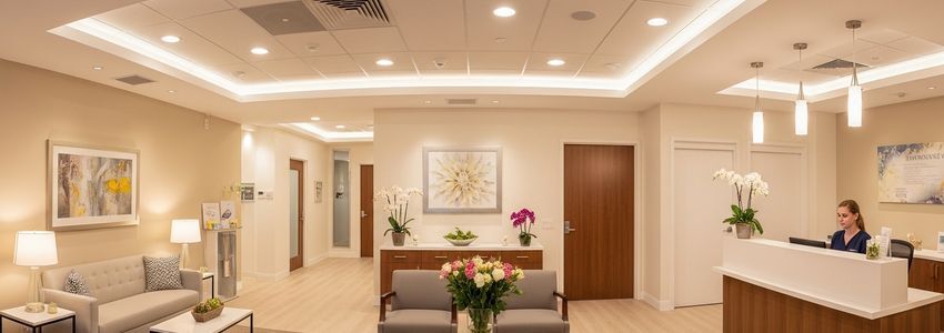 Modern fertility clinic reception area with professional medical staff