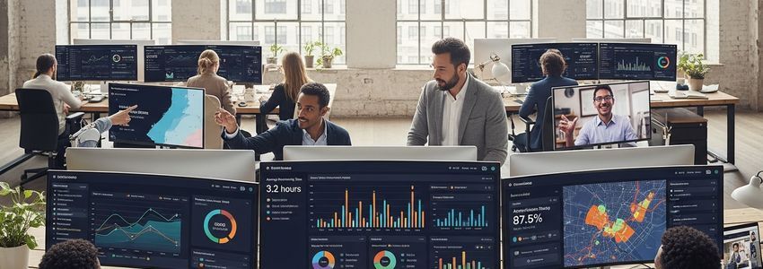 Fintech lending team analyzing loan approvals using AI-powered dashboards