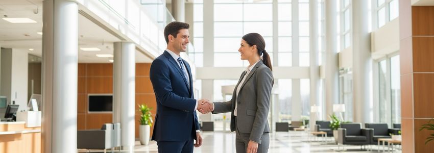 Business professionals shaking hands in a modern office - first time business loan