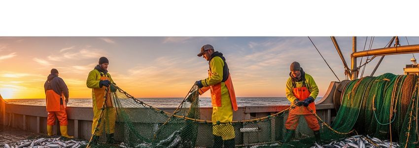 Commercial fishing vessel crew hauling in nets at sunrise