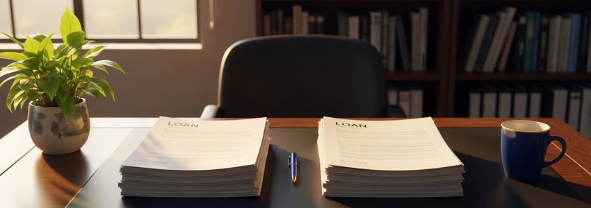 Two stacks of business loan documents on a professional desk representing fixed and variable interest rate comparison