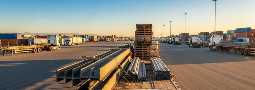 Flatbed trailers loaded with steel beams and freight at a commercial trucking yard
