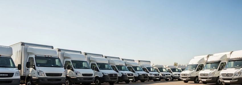 Row of white commercial fleet vehicles including delivery vans and box trucks lined up in a fleet yard