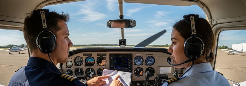 Flight instructor and student pilot in a training aircraft cockpit