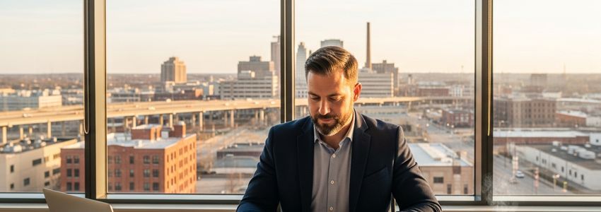 Small business owner reviewing financing documents in Flint, Michigan