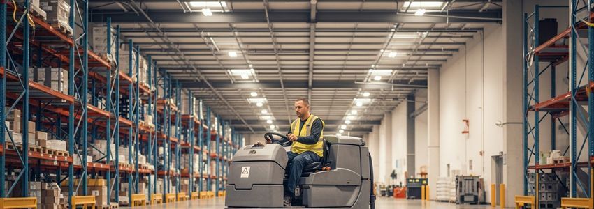 Commercial cleaning technician operating a ride-on floor scrubber in a warehouse facility