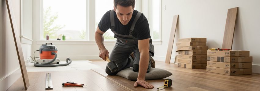 Flooring contractor installing luxury vinyl plank flooring in a residential home