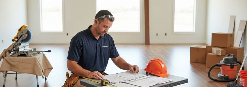 Flooring installation contractor reviewing business loan documents at job site with hardwood floors in background