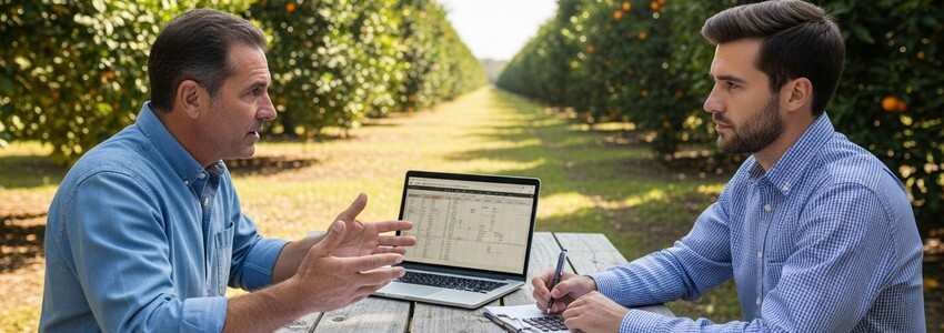 Florida farmer discussing agricultural loan options with a business advisor