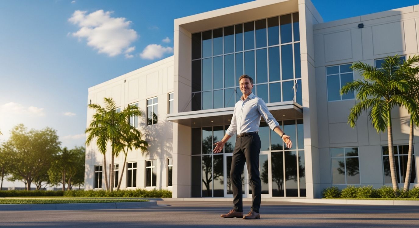 Small business owner standing outside a commercial building in Florida with palm trees