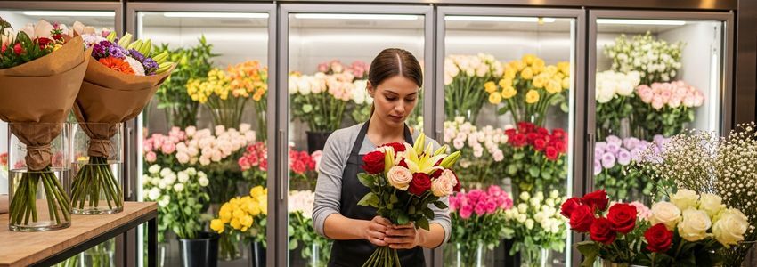 Professional florist arranging colorful flowers in a bright modern flower shop