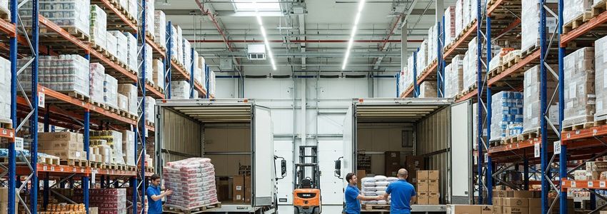 Food distribution warehouse with workers loading pallets onto delivery trucks