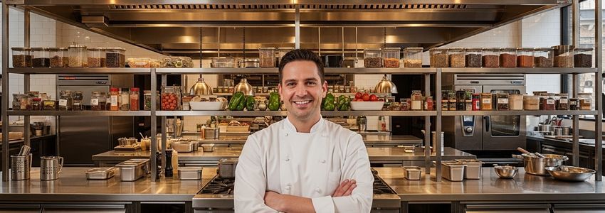 Professional chef standing confidently in a modern commercial kitchen of a food hall