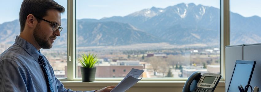 Small business owner reviewing loan documents with Colorado mountain backdrop