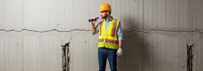 Foundation repair contractor inspecting cracked basement wall