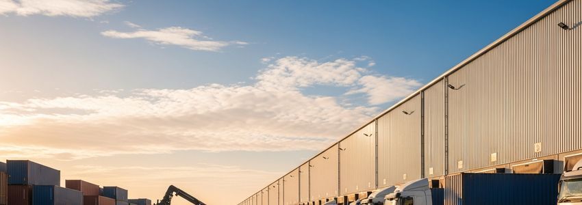 Freight forwarding company warehouse with shipping containers and cargo trucks at loading docks