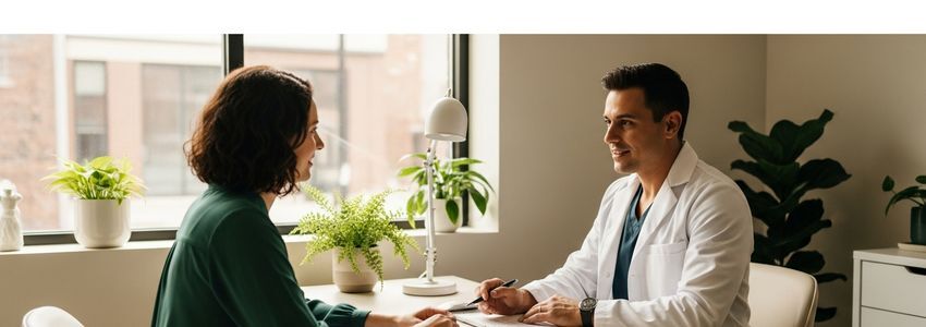 Functional medicine practitioner consulting with patient in a wellness clinic