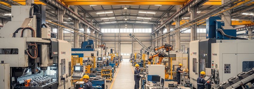 Modern industrial manufacturing facility with CNC machines and production equipment for industrial equipment financing