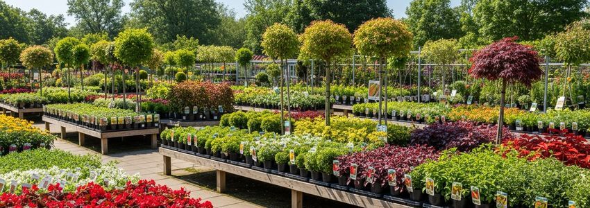 A well-stocked outdoor garden center with rows of colorful plants, flowers, and ornamental trees