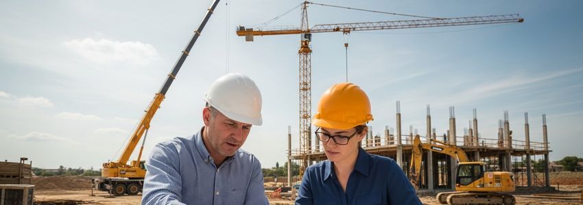 General contractor and project manager reviewing construction plans and financing options at job site