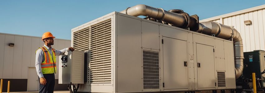 A technician reviewing a large commercial industrial generator at a business facility
