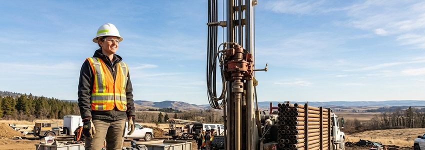 Drilling contractor operating a geothermal drill rig on an active job site