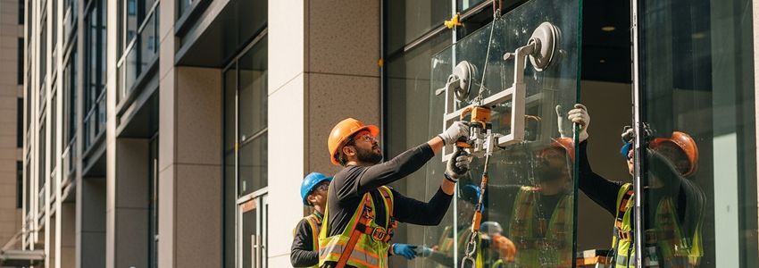 Glass contractors installing commercial storefront windows using suction cup equipment