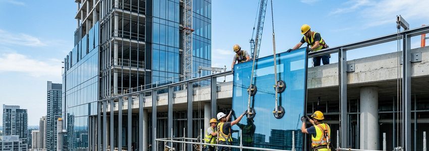 Commercial glazing contractors installing glass panels on an office building