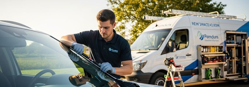 Auto glass technician replacing windshield with branded service van in background