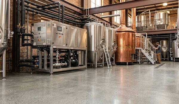 A stainless steel commercial glycol chiller installed in a craft brewery beside copper brewing kettles and fermentation tanks