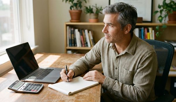 Small business owner reviewing finances with a calculator and notepad while planning an expansion at his office desk