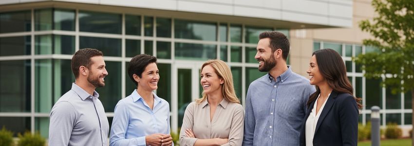 Small business owners outside a modern office building in Grand Rapids Michigan