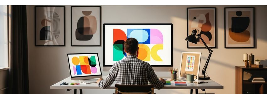Professional graphic designer working at a dual-monitor workstation in a modern creative studio