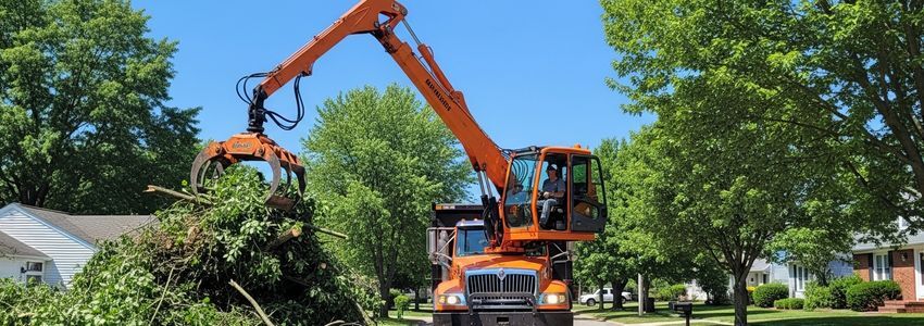 Grapple truck in action picking up tree debris for a tree service business