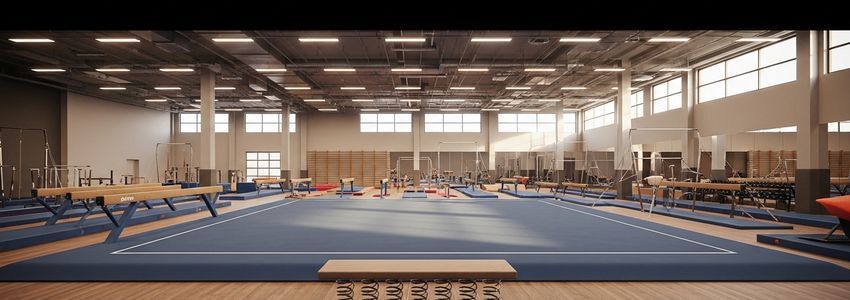 Professional gymnastics training facility with spring floor, beams, and gymnastics apparatus for student athletes