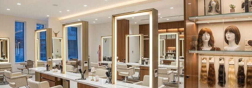 Upscale hair salon interior with styling stations and extension products — hair extension business loans