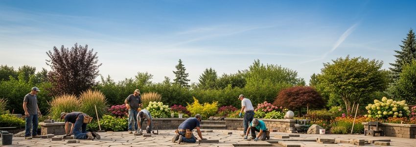 Hardscape contractors installing stone pavers on a residential patio