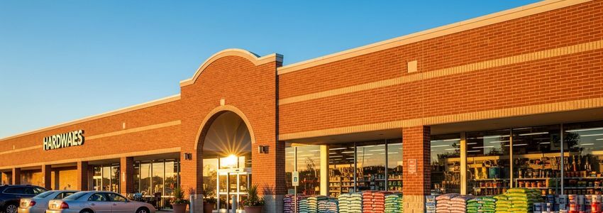 Hardware store exterior with inviting storefront and merchandise display