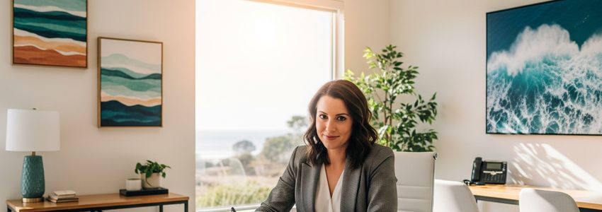 Small business owner reviewing financing documents in a modern California coastal office