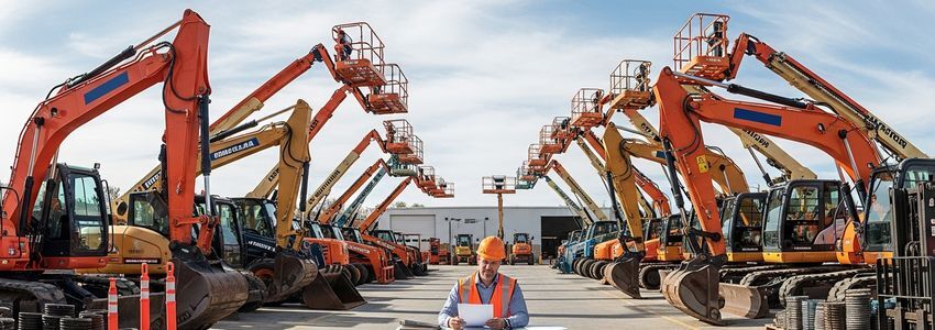 Equipment rental company owner reviewing loan documents in storage yard with heavy equipment