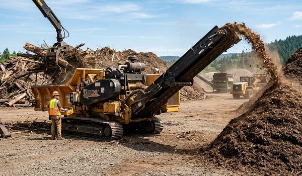 A tracked horizontal grinder processing wood waste into mulch at a commercial recycling facility, with an operator in a high-visibility vest monitoring the machine